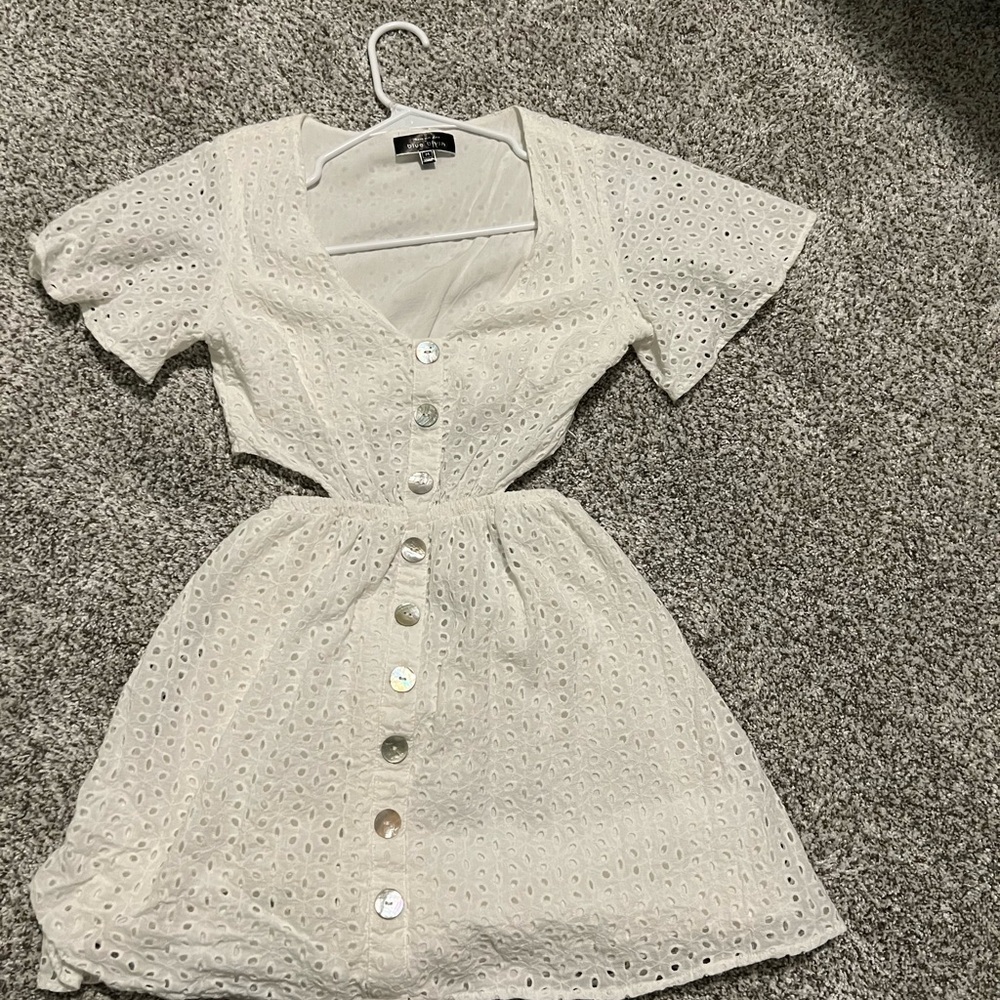 Blue Blush White Eyelet Button-Up Mini Dress